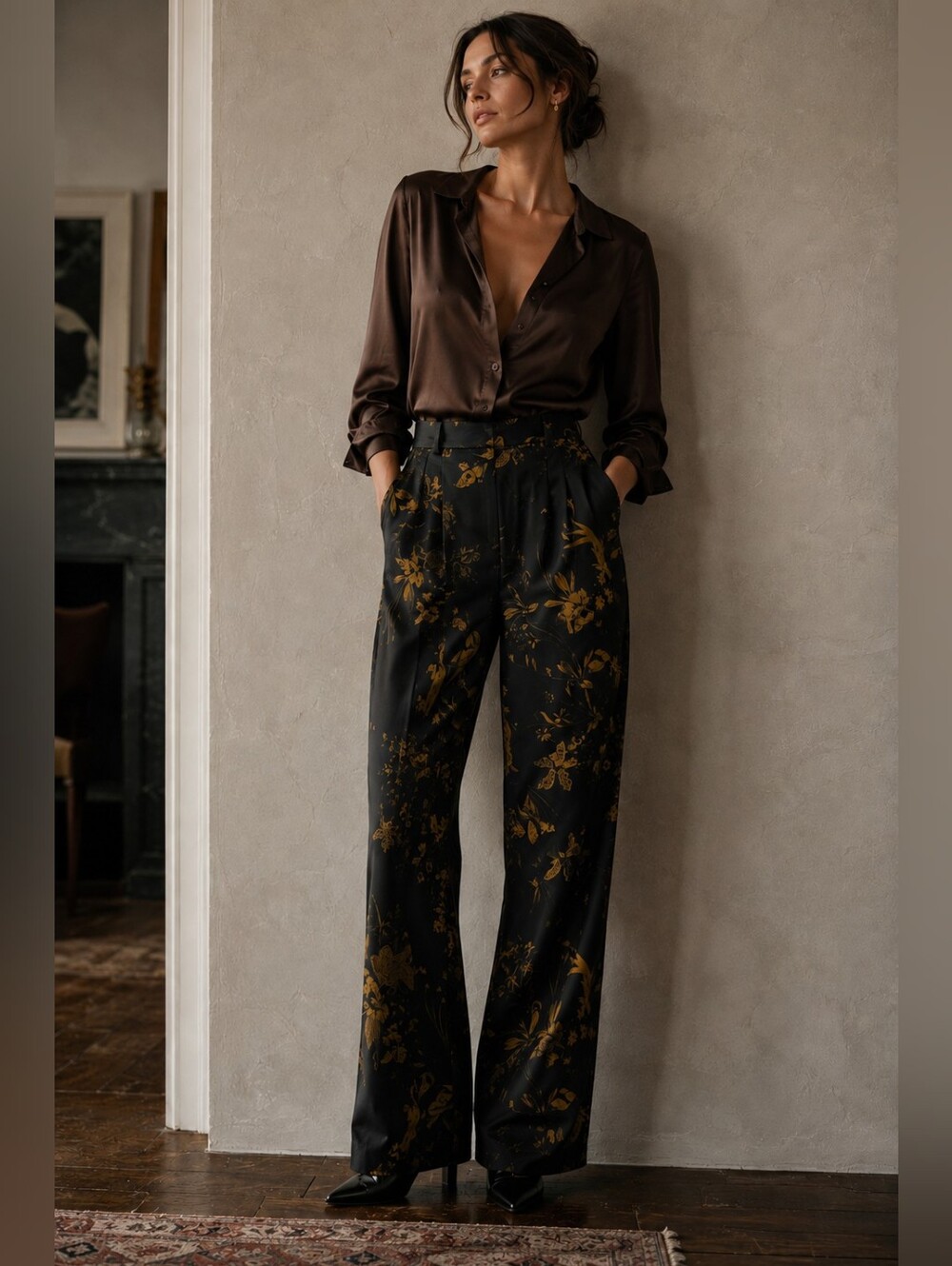 RW&CO Black Satin Floral Wide Leg Trousers Size 10 Gold Botanical Print